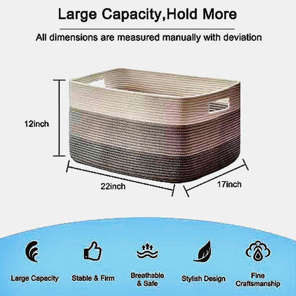 Large Woven Cotton Basket Blanket Toys Handles Gradient Gray 22”x17”x12” - Picture 4 of 8